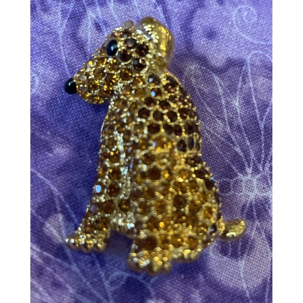 Dog‎ Puppy Brown Rhinestone Brooch Pin Gold Tone Sitting